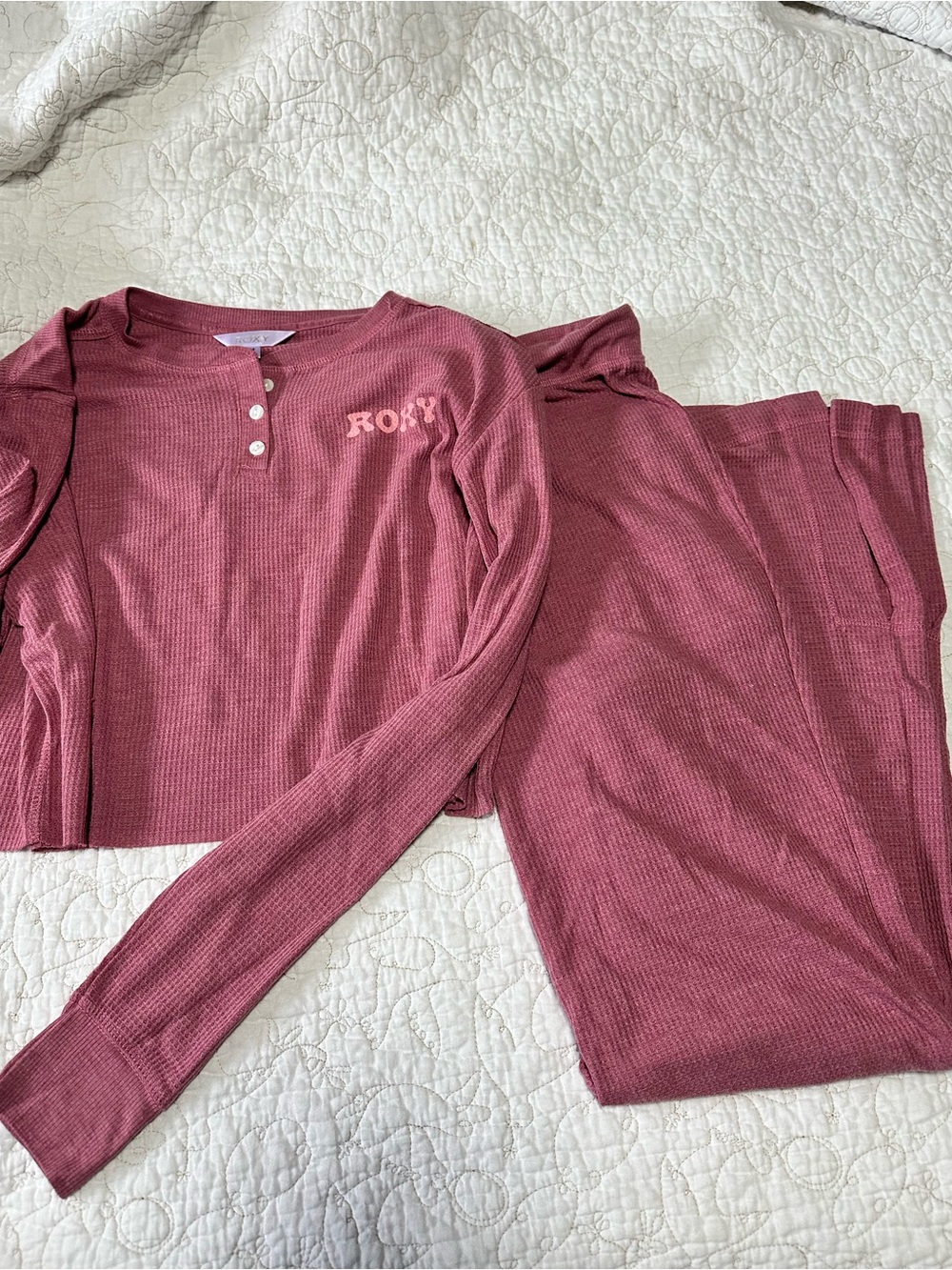 Roxy Long-Sleeve Waffle Loungewear Set with flare pants